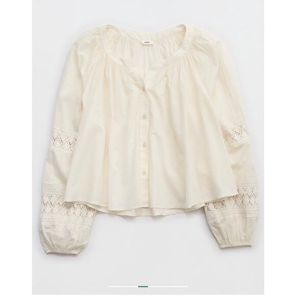 NWT Aerie White Crochet Long Sleeve Button Down Shirt Cottage Medium Boho - Picture 6 of 6
